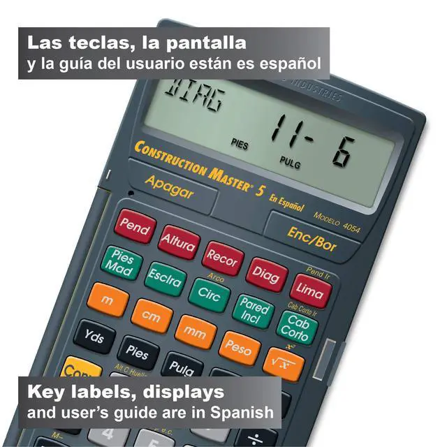 Alt view image 2 of 7 - 4054 Construction Master 5 Calculator en Español, Feet-Inch-Fraction, For Carpenters, Construction Calculator with all Spanish labeling