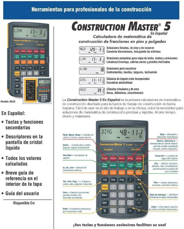 Alt view image 5 of 7 - 4054 Construction Master 5 Calculator en Español, Feet-Inch-Fraction, For Carpenters, Construction Calculator with all Spanish labeling