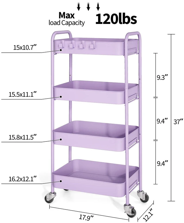 Alt view image 2 of 7 - 4 Tier Metal Rolling Cart, Utility Storage Cart with Wheels, Purple | Screwless Assembly, Lockable Metal Wheels, Trolley Organizer for Bathroom, Kitchen, Office, Dorm, Laundry, Craft Room