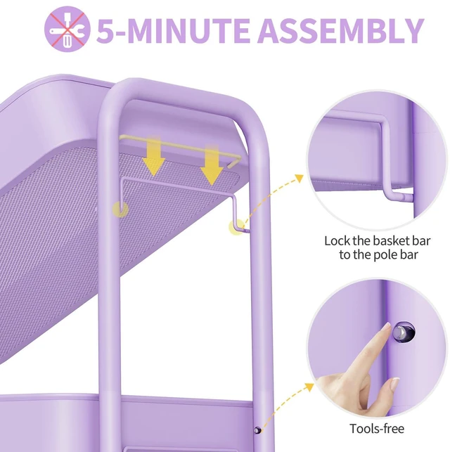 Alt view image 4 of 7 - 4 Tier Metal Rolling Cart, Utility Storage Cart with Wheels, Purple | Screwless Assembly, Lockable Metal Wheels, Trolley Organizer for Bathroom, Kitchen, Office, Dorm, Laundry, Craft Room