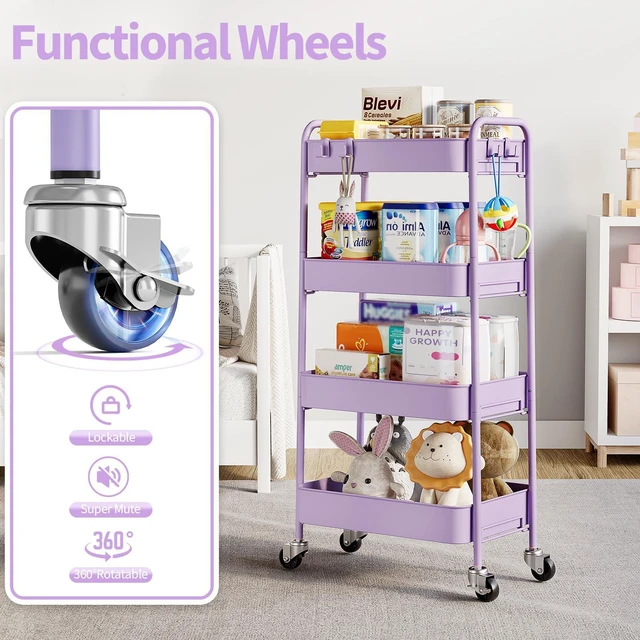 Alt view image 5 of 7 - 4 Tier Metal Rolling Cart, Utility Storage Cart with Wheels, Purple | Screwless Assembly, Lockable Metal Wheels, Trolley Organizer for Bathroom, Kitchen, Office, Dorm, Laundry, Craft Room