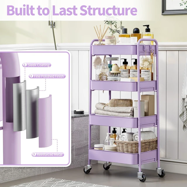 Alt view image 6 of 7 - 4 Tier Metal Rolling Cart, Utility Storage Cart with Wheels, Purple | Screwless Assembly, Lockable Metal Wheels, Trolley Organizer for Bathroom, Kitchen, Office, Dorm, Laundry, Craft Room