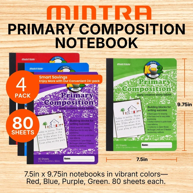 Alt view image 2 of 7 - Primary Composition Notebook, 4 Pack, Assorted Colors 80 Sheets, 7.5in x 9.75in, 1/2 Sheet, Ruled with Drawing Area, Flexible Hardcover Journal, Grades K-2, School & Home Use
