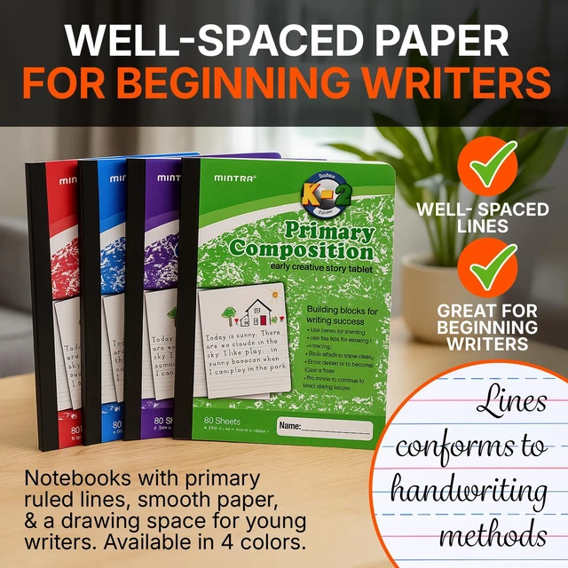 Alt view image 4 of 7 - Primary Composition Notebook, 4 Pack, Assorted Colors 80 Sheets, 7.5in x 9.75in, 1/2 Sheet, Ruled with Drawing Area, Flexible Hardcover Journal, Grades K-2, School & Home Use