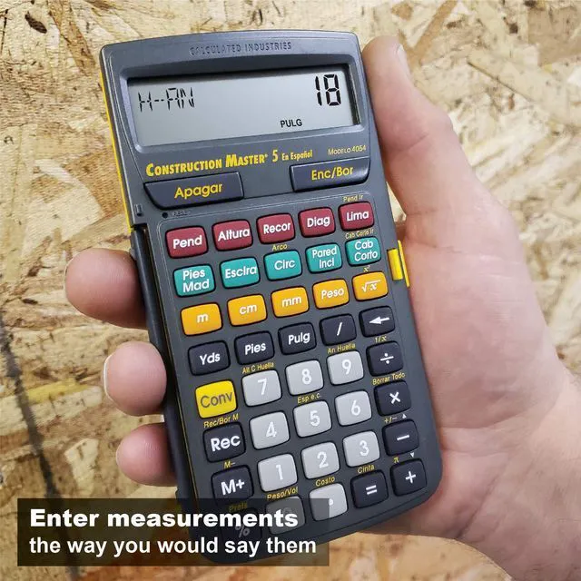 Alt view image 6 of 7 - 4054 Construction Master 5 Calculator en Español, Feet-Inch-Fraction, For Carpenters, Construction Calculator with all Spanish labeling