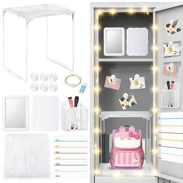 Main image of 11 Pcs Back to School Locker Accessories Kit, White, Elegant Locker Shelf Magnetic Mirror Rug Weekly Schedule Whiteboard Pen Holder Marker and More, Locker Decor and Storage Needs