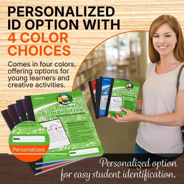 Alt view image 7 of 7 - Primary Composition Notebook, 4 Pack, Assorted Colors 80 Sheets, 7.5in x 9.75in, 1/2 Sheet, Ruled with Drawing Area, Flexible Hardcover Journal, Grades K-2, School & Home Use