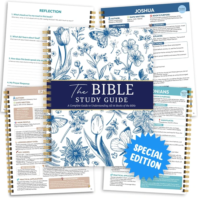 Main image of Bible Study Guides 66 Pages Journal for Women, Spiral Notebook 8.5 x 11 French Blue Floral Prayer Devotional Supplies - Saint Label with Reflection Note, Prayer Prompt, Christian Gift Idea