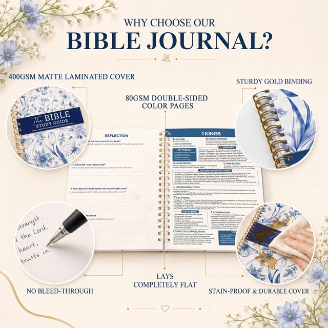 Alt view image 6 of 7 - Bible Study Guides 66 Pages Journal for Women, Spiral Notebook 8.5 x 11 French Blue Floral Prayer Devotional Supplies - Saint Label with Reflection Note, Prayer Prompt, Christian Gift Idea