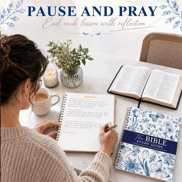 Alt view image 7 of 7 - Bible Study Guides 66 Pages Journal for Women, Spiral Notebook 8.5 x 11 French Blue Floral Prayer Devotional Supplies - Saint Label with Reflection Note, Prayer Prompt, Christian Gift Idea
