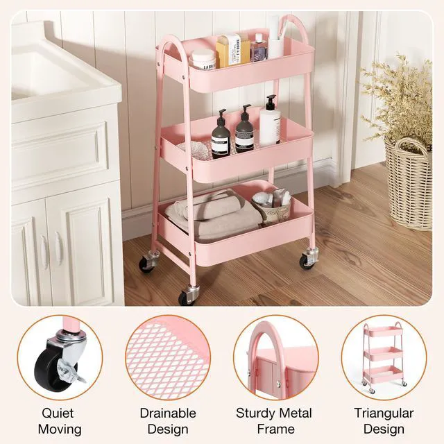 Alt view image 2 of 7 - 3-Shelf Metal Rolling Storage Utility Cart with Lockable Wheels Mobile Organizer Shelf, Space-Saving, Freestanding, Bathroom, Living Room, Slim, Narrow Corner Spaces, Pink
