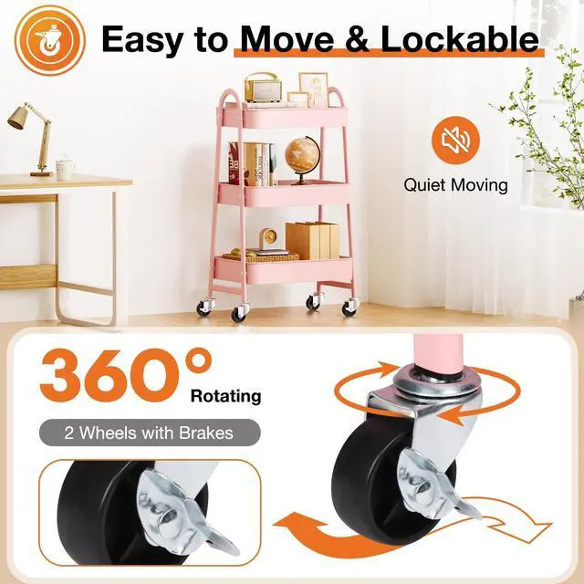 Alt view image 3 of 7 - 3-Shelf Metal Rolling Storage Utility Cart with Lockable Wheels Mobile Organizer Shelf, Space-Saving, Freestanding, Bathroom, Living Room, Slim, Narrow Corner Spaces, Pink