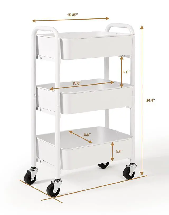 Alt view image 6 of 6 - 3-Tier Delicate Compact Rolling Metal Storage Organizer - Mobile Utility Cart Kitchen/Under Desk Cart with Caster Wheels - WHT (15.35" X 10.24" X 26.8"H)