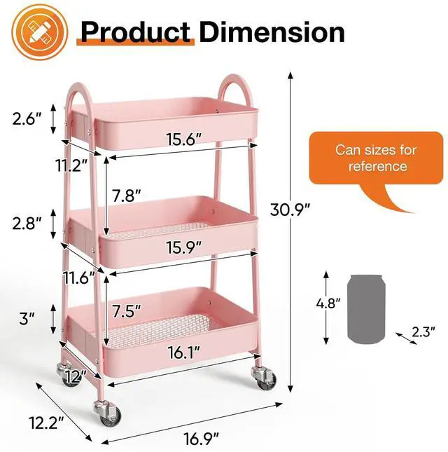 Alt view image 4 of 7 - 3-Shelf Metal Rolling Storage Utility Cart with Lockable Wheels Mobile Organizer Shelf, Space-Saving, Freestanding, Bathroom, Living Room, Slim, Narrow Corner Spaces, Pink