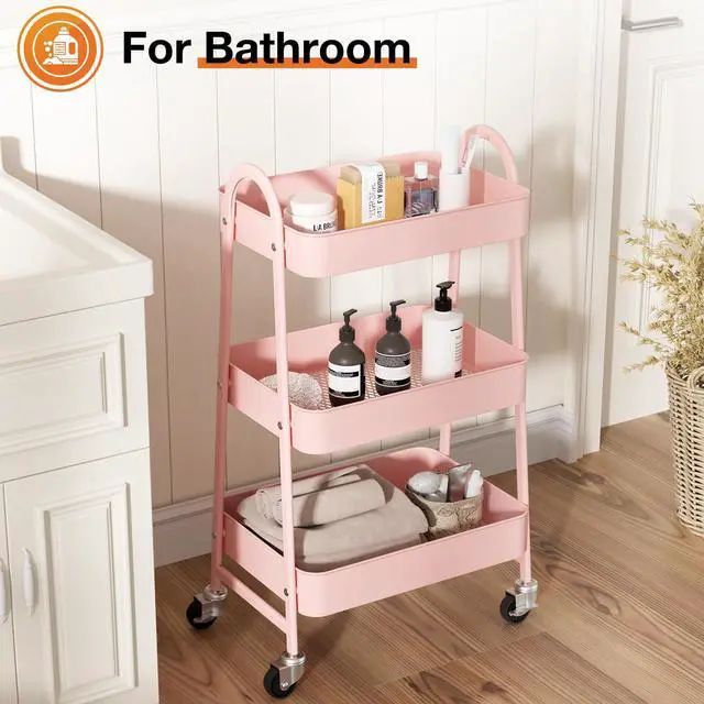 Alt view image 5 of 7 - 3-Shelf Metal Rolling Storage Utility Cart with Lockable Wheels Mobile Organizer Shelf, Space-Saving, Freestanding, Bathroom, Living Room, Slim, Narrow Corner Spaces, Pink