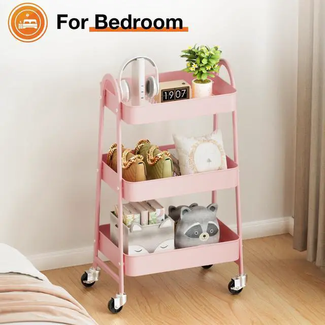 Alt view image 7 of 7 - 3-Shelf Metal Rolling Storage Utility Cart with Lockable Wheels Mobile Organizer Shelf, Space-Saving, Freestanding, Bathroom, Living Room, Slim, Narrow Corner Spaces, Pink
