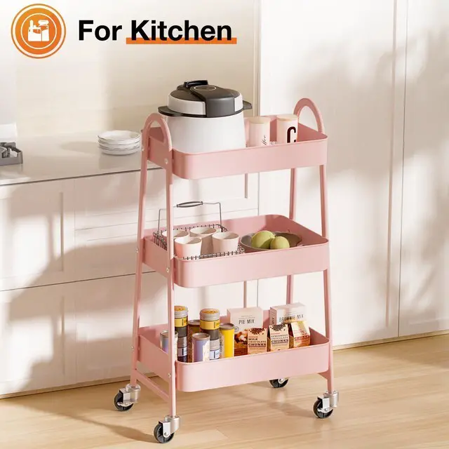 Alt view image 6 of 7 - 3-Shelf Metal Rolling Storage Utility Cart with Lockable Wheels Mobile Organizer Shelf, Space-Saving, Freestanding, Bathroom, Living Room, Slim, Narrow Corner Spaces, Pink