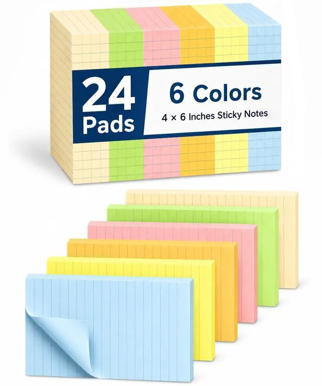 Main image of Lined Sticky Notes, 4" x 6", 24 Pads, 45 Sheets/Pad Bulk Sticky Notes with Lines, Ruled Stickies, Memo Pads, Self-Stick Note Pad for Office, School, Home, Study & Organization