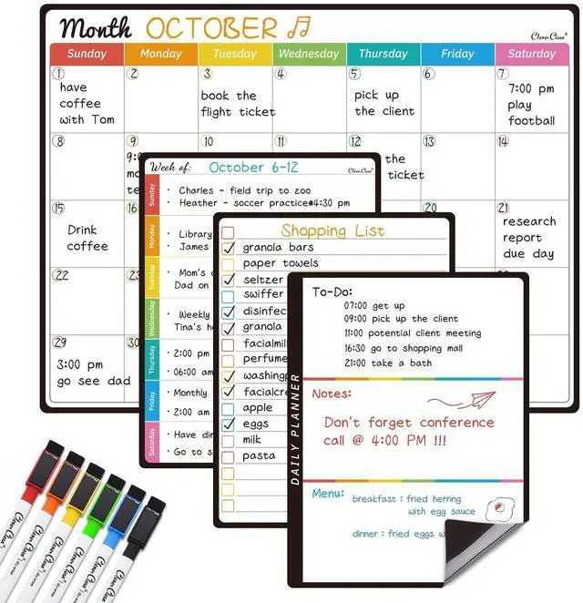 Main image of Magnetic Dry Erase Monthly Calendar Set - 14.5"x11" Monthly Calendar, 6.5"x8.5" Weekly, Daily, List Boards for Fridge - 6 Extra Fine Point Markers Included - Shipped Flat