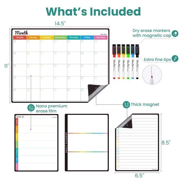 Alt view image 2 of 7 - Magnetic Dry Erase Monthly Calendar Set - 14.5"x11" Monthly Calendar, 6.5"x8.5" Weekly, Daily, List Boards for Fridge - 6 Extra Fine Point Markers Included - Shipped Flat