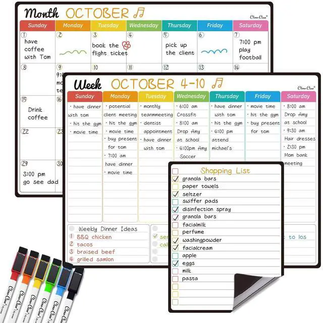 Main image of Magnetic Dry Erase Monthly Calendar Set - 14.5"x11" Monthly and Weekly Calendar, 6.5"x8.5" List Board for Fridge - 6 Extra Fine Point Markers Included - Shipped Flat