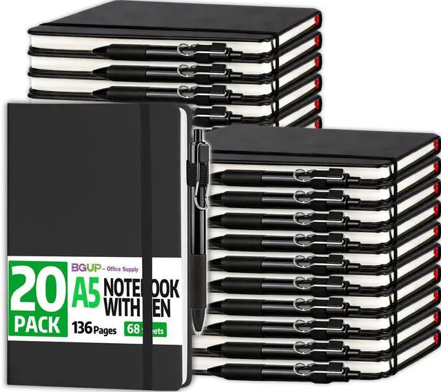Main image of 20 Pack Lined Journal Notebook with Pen, A5 Hardcover Leather Journal 5.5"*8.3", Black 136 Pages College Ruled Notebooks and Pen Set for Office School Business Supplies