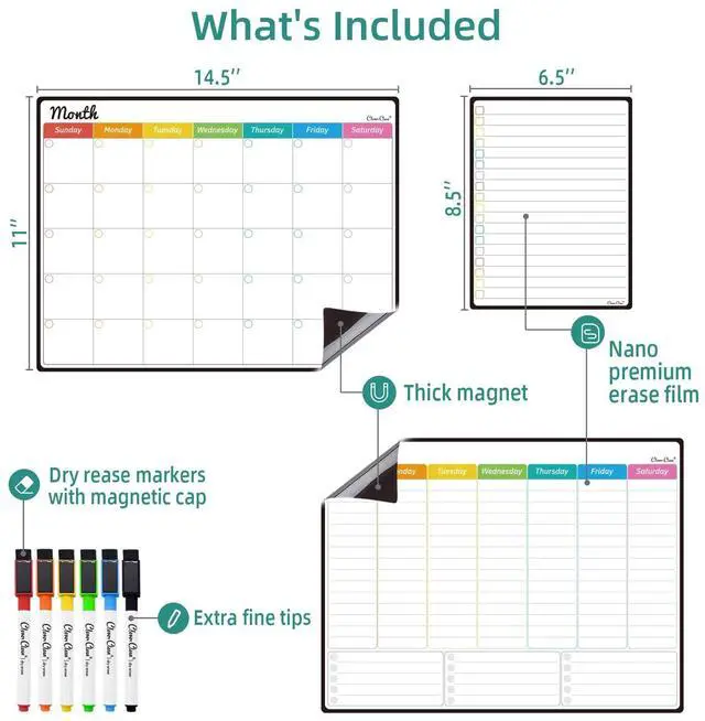 Alt view image 2 of 7 - Magnetic Dry Erase Monthly Calendar Set - 14.5"x11" Monthly and Weekly Calendar, 6.5"x8.5" List Board for Fridge - 6 Extra Fine Point Markers Included - Shipped Flat