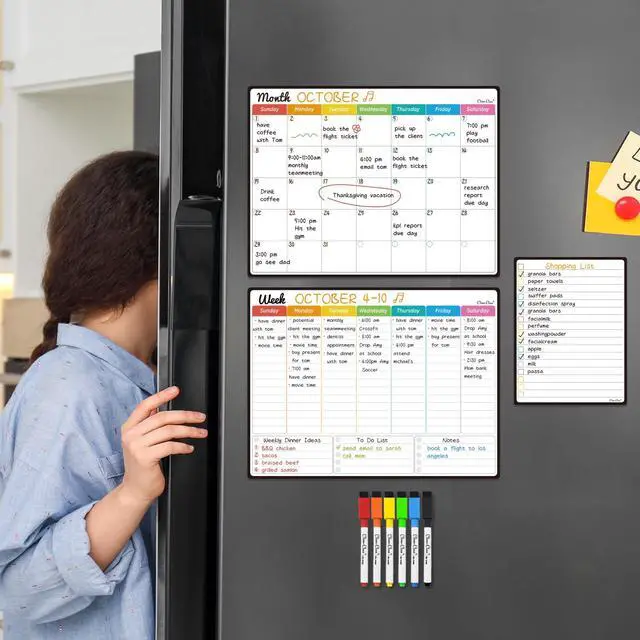 Alt view image 7 of 7 - Magnetic Dry Erase Monthly Calendar Set - 14.5"x11" Monthly and Weekly Calendar, 6.5"x8.5" List Board for Fridge - 6 Extra Fine Point Markers Included - Shipped Flat