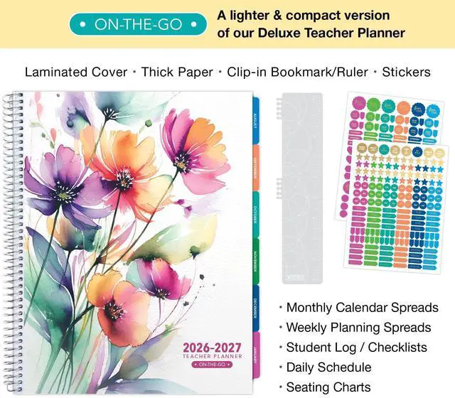 Alt view image 2 of 6 - LITE TEACHER PLANNER - Aug 2026-Jul 2027, 8.5" x 11" Daily Weekly Monthly Organizers - Includes 7 Periods, Dated Calendar, Page Tabs, Bookmark, and Planning Stickers (Rainbow Floral)