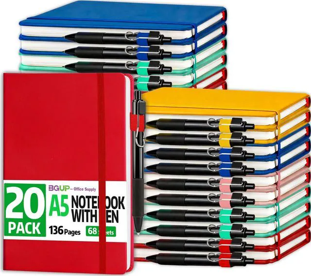 Main image of 20 Pack Lined Journal Notebook with Pen, A5 Hardcover Leather Journal 5.5"*8.3", 5 Colors 136 Pages College Ruled Notebooks and Pen Set for Office School Business Supplies