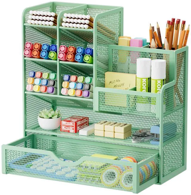 Main image of Mesh Pen Holder for Desk, Multi-Functional Pencil Organizer with Drawer, Desk Organizers and Accessories for Office Art Supplies (Green)