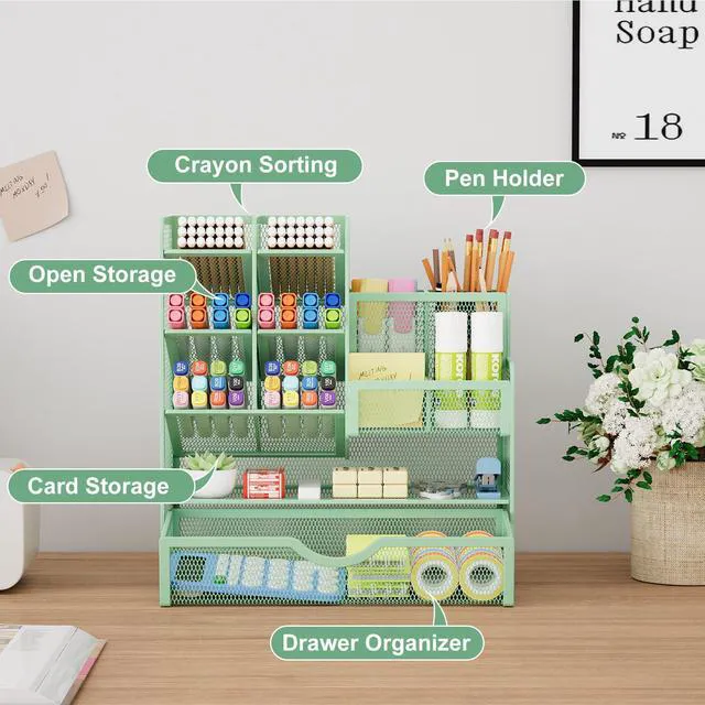 Alt view image 2 of 6 - Mesh Pen Holder for Desk, Multi-Functional Pencil Organizer with Drawer, Desk Organizers and Accessories for Office Art Supplies (Green)
