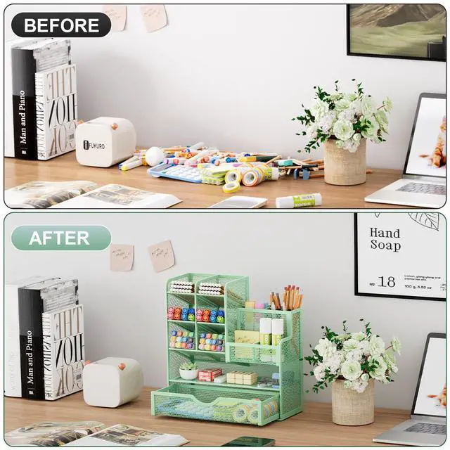 Alt view image 3 of 6 - Mesh Pen Holder for Desk, Multi-Functional Pencil Organizer with Drawer, Desk Organizers and Accessories for Office Art Supplies (Green)