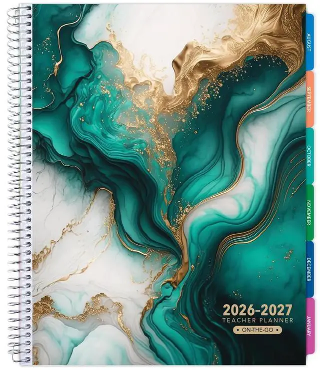 Main image of LITE TEACHER PLANNER - Aug 2026-Jul 2027, 8.5" x 11" Daily Weekly Monthly Organizers - Includes 7 Periods, Dated Calendar, Page Tabs, Bookmark, and Planning Stickers (Teal Gold Marble)