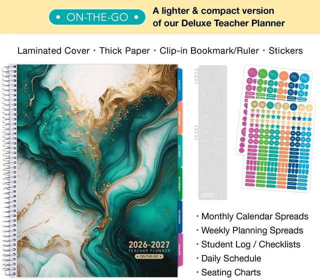 Alt view image 2 of 6 - LITE TEACHER PLANNER - Aug 2026-Jul 2027, 8.5" x 11" Daily Weekly Monthly Organizers - Includes 7 Periods, Dated Calendar, Page Tabs, Bookmark, and Planning Stickers (Teal Gold Marble)