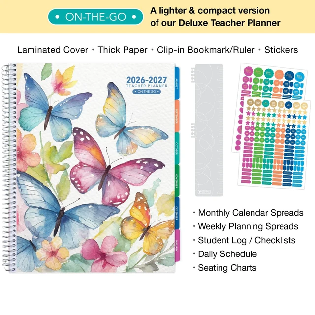 Alt view image 2 of 6 - LITE TEACHER PLANNER - Aug 2026-Jul 2027, 8.5" x 11" Daily Weekly Monthly Organizers - Includes 7 Periods, Dated Calendar, Page Tabs, Bookmark, and Planning Stickers (Watercolor Butterflies)