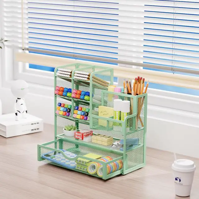 Alt view image 4 of 6 - Mesh Pen Holder for Desk, Multi-Functional Pencil Organizer with Drawer, Desk Organizers and Accessories for Office Art Supplies (Green)