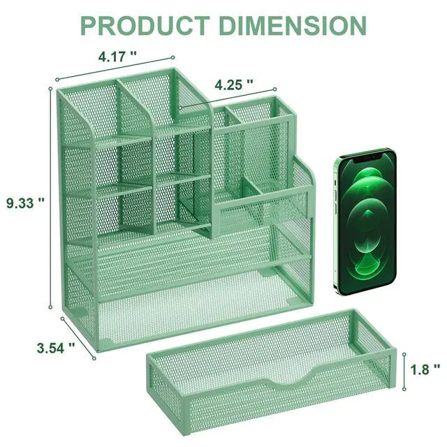 Alt view image 5 of 6 - Mesh Pen Holder for Desk, Multi-Functional Pencil Organizer with Drawer, Desk Organizers and Accessories for Office Art Supplies (Green)