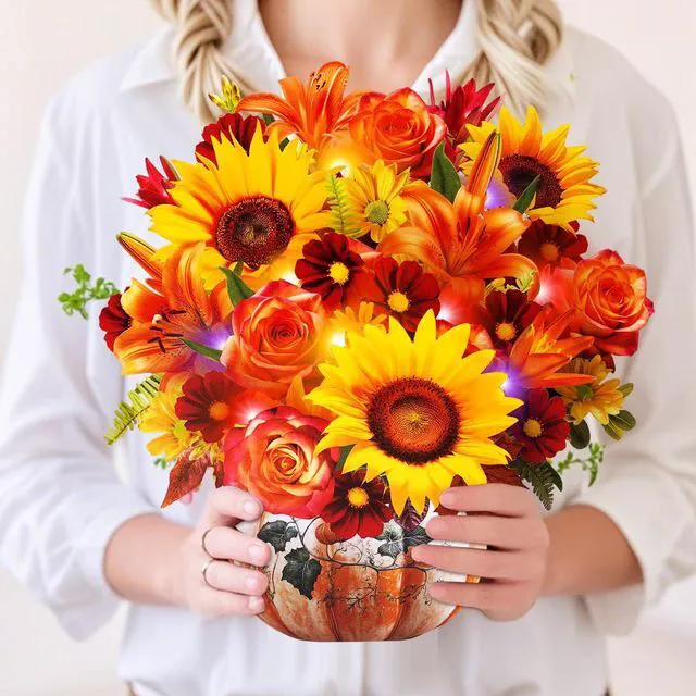 Main image of Thanksgiving Card with MUSIC LIGHT,Fall Sunflower Bouquet For Women 10 Inch Life Size, Play Music, Lights Dance, 3D Pop up Paper Forever Flower, Music Thanksgiving Gift/Decoration For Mom Wife