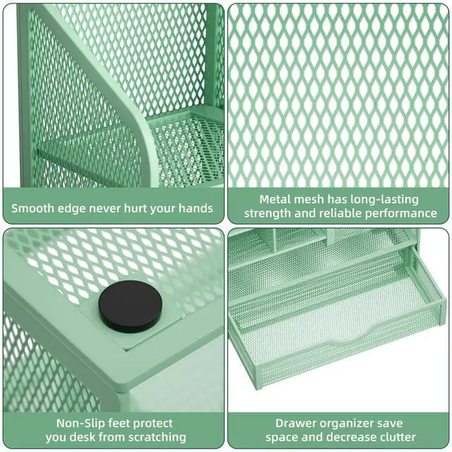 Alt view image 6 of 6 - Mesh Pen Holder for Desk, Multi-Functional Pencil Organizer with Drawer, Desk Organizers and Accessories for Office Art Supplies (Green)