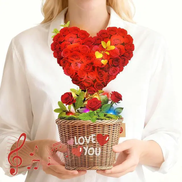 Main image of Birthday Card with MUSIC & LIGHTS,3D Pop Up Heart Bouquet For Women 10 Inch Life Size, Play Romantic Music, Lights Dance, Paper Forever Flower, Anniversary Cards/Gift For Wife Mother Girlfriend