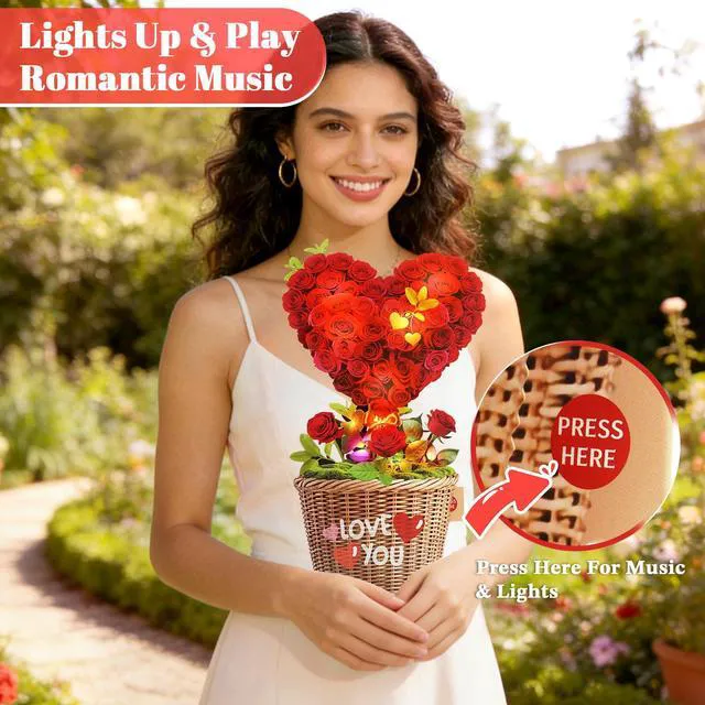 Alt view image 2 of 7 - Birthday Card with MUSIC & LIGHTS,3D Pop Up Heart Bouquet For Women 10 Inch Life Size, Play Romantic Music, Lights Dance, Paper Forever Flower, Anniversary Cards/Gift For Wife Mother Girlfriend