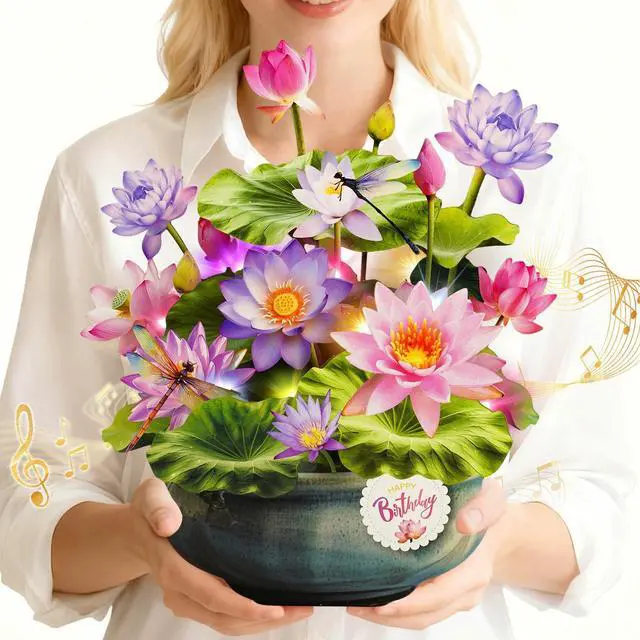 Main image of Birthday Cards with MUSIC LIGHTS,Pop Up Waterlily Bouquet For Women 10 Inch Life Size, Play Birthday Song, Lights Dance, 3D Paper Forever Flower, Musical Birthday Cards/Gift For Wife Mother Mom