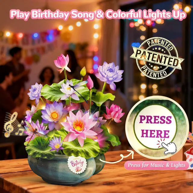 Alt view image 2 of 7 - Birthday Cards with MUSIC LIGHTS,Pop Up Waterlily Bouquet For Women 10 Inch Life Size, Play Birthday Song, Lights Dance, 3D Paper Forever Flower, Musical Birthday Cards/Gift For Wife Mother Mom