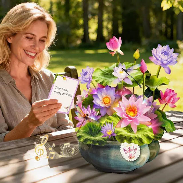Alt view image 3 of 7 - Birthday Cards with MUSIC LIGHTS,Pop Up Waterlily Bouquet For Women 10 Inch Life Size, Play Birthday Song, Lights Dance, 3D Paper Forever Flower, Musical Birthday Cards/Gift For Wife Mother Mom