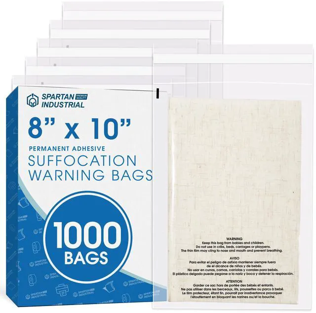 Main image of 8" X 10" (1000 Count) Self Seal Clear Poly Bags with Suffocation Warning for Packaging, Shipping - Permanent Adhesive