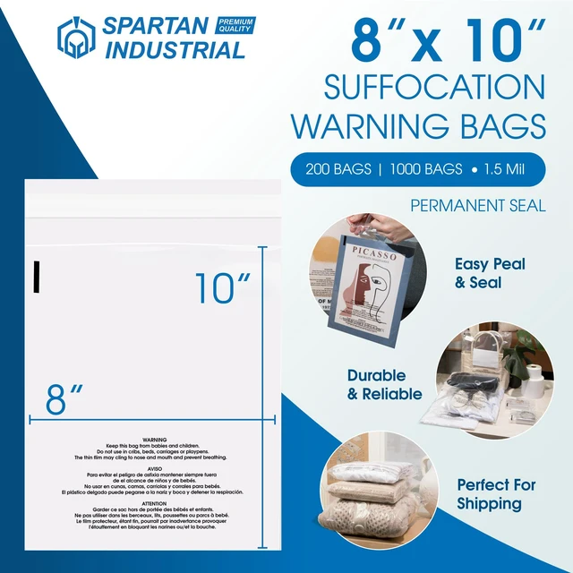 Alt view image 2 of 7 - 8" X 10" (1000 Count) Self Seal Clear Poly Bags with Suffocation Warning for Packaging, Shipping - Permanent Adhesive