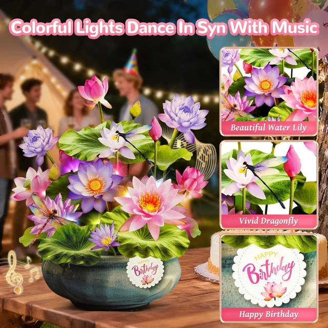 Alt view image 4 of 7 - Birthday Cards with MUSIC LIGHTS,Pop Up Waterlily Bouquet For Women 10 Inch Life Size, Play Birthday Song, Lights Dance, 3D Paper Forever Flower, Musical Birthday Cards/Gift For Wife Mother Mom