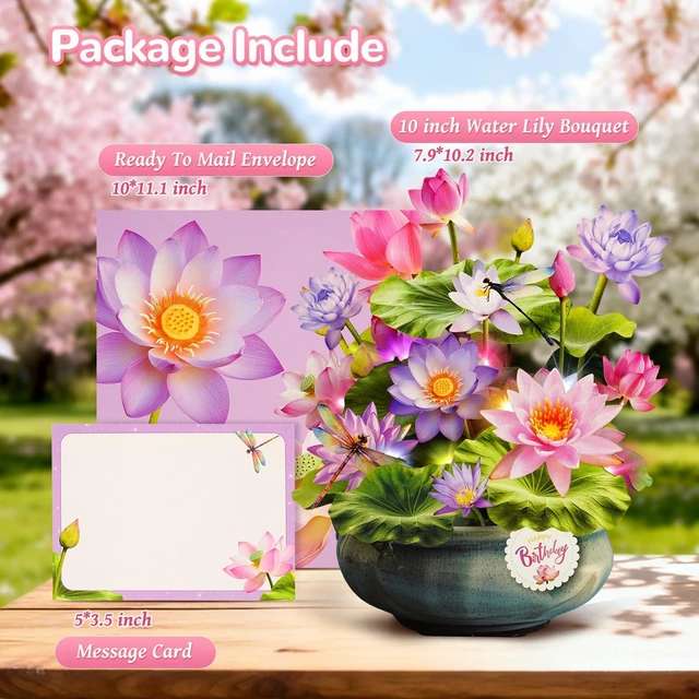Alt view image 7 of 7 - Birthday Cards with MUSIC LIGHTS,Pop Up Waterlily Bouquet For Women 10 Inch Life Size, Play Birthday Song, Lights Dance, 3D Paper Forever Flower, Musical Birthday Cards/Gift For Wife Mother Mom