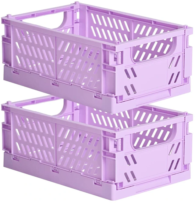Main image of 2-Pack Collapsible Plastic Storage Baskets, Purple, 9.8"x6.5"x3.8" Pastel, Space-Saving, Collapsible Plastic Bins, Cute Mini Storage Crates, for Classroom, Kitchen, Office, Bedroom